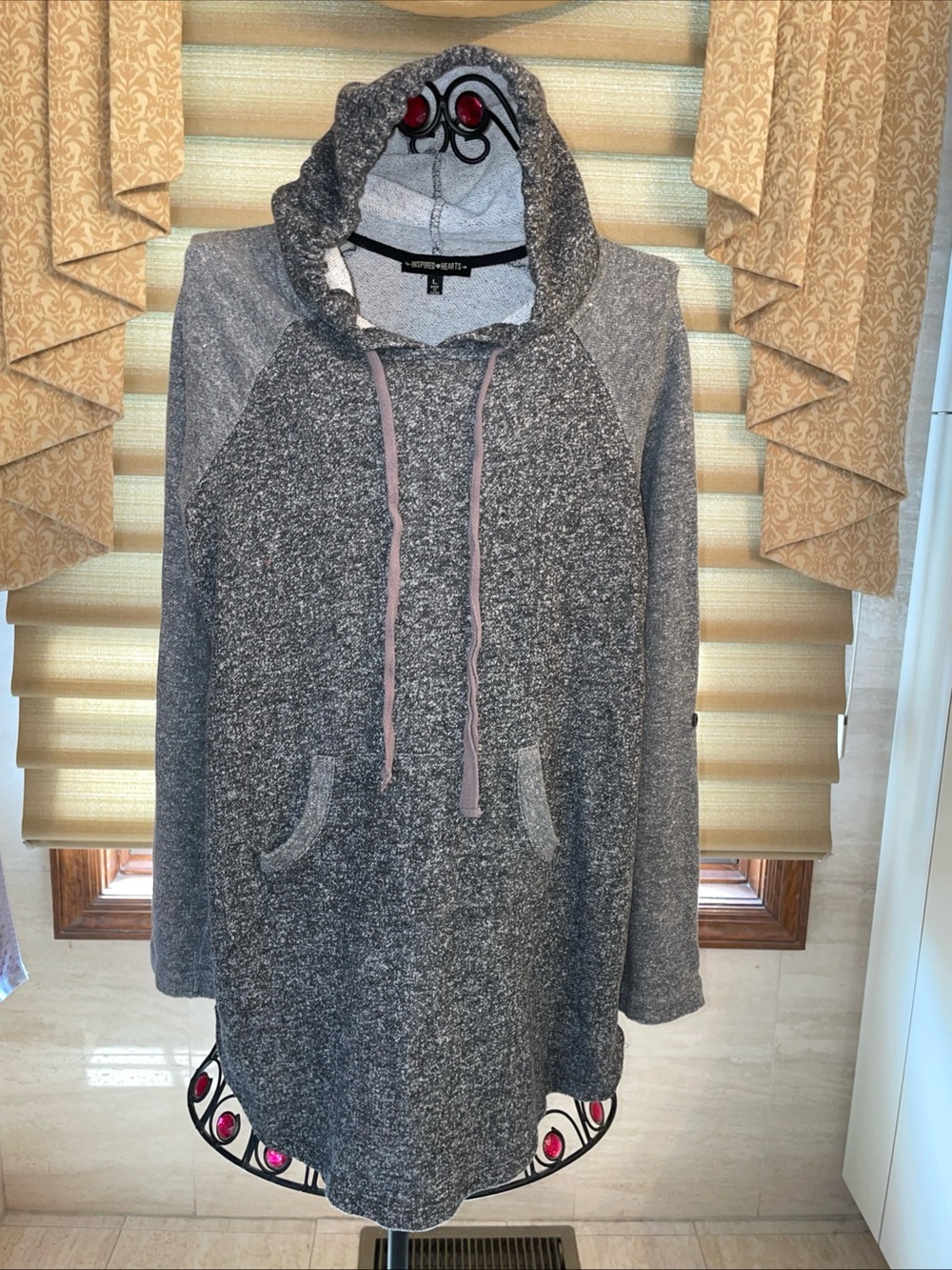 Inspired Hearts Womens Gray Marbled Long Sleeve Pullover Hoodie Size Large